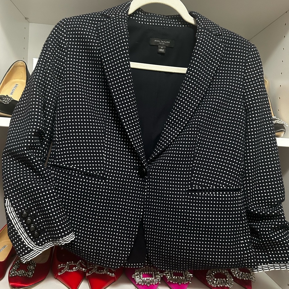 Ann Taylor Navy and White Checkered Blazer